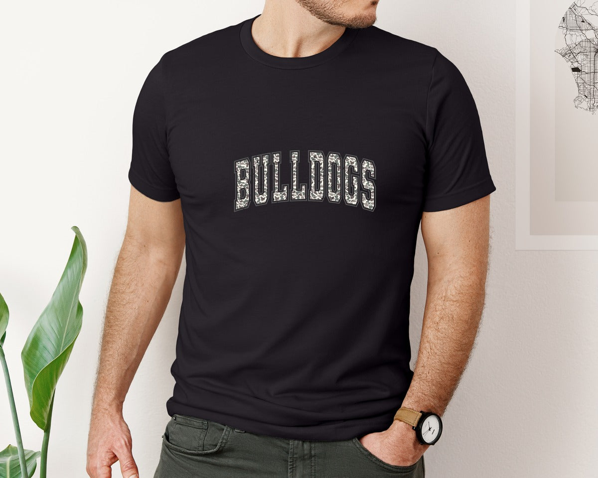 brand:Bella Canvas|color:Black|Camo Bulldogs Camouflage School Mascot Graphic T-Shirt