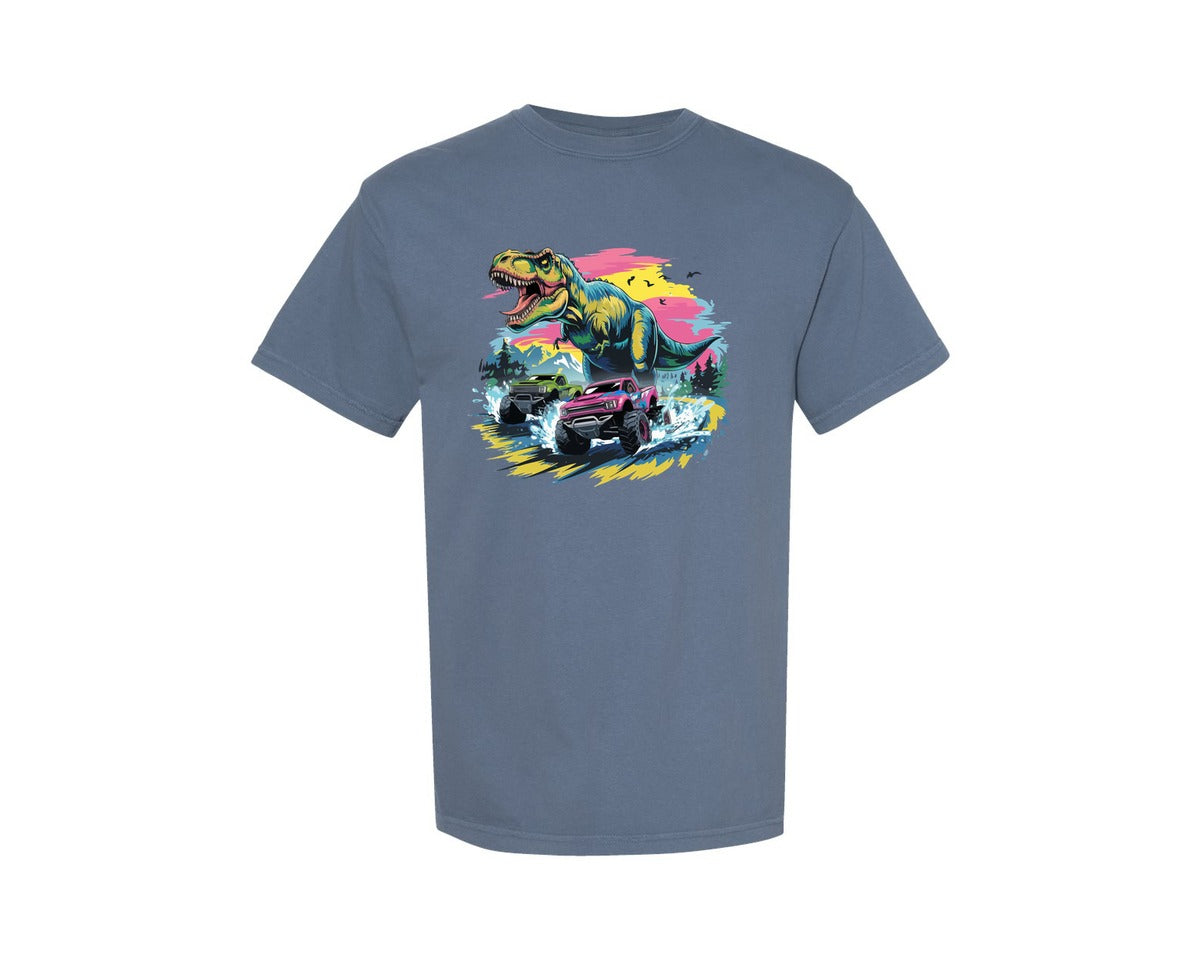 brand:Comfort Colors|color:Blue Jean|Dino Monster Trucks Adventure Art Graphic T-Shirt