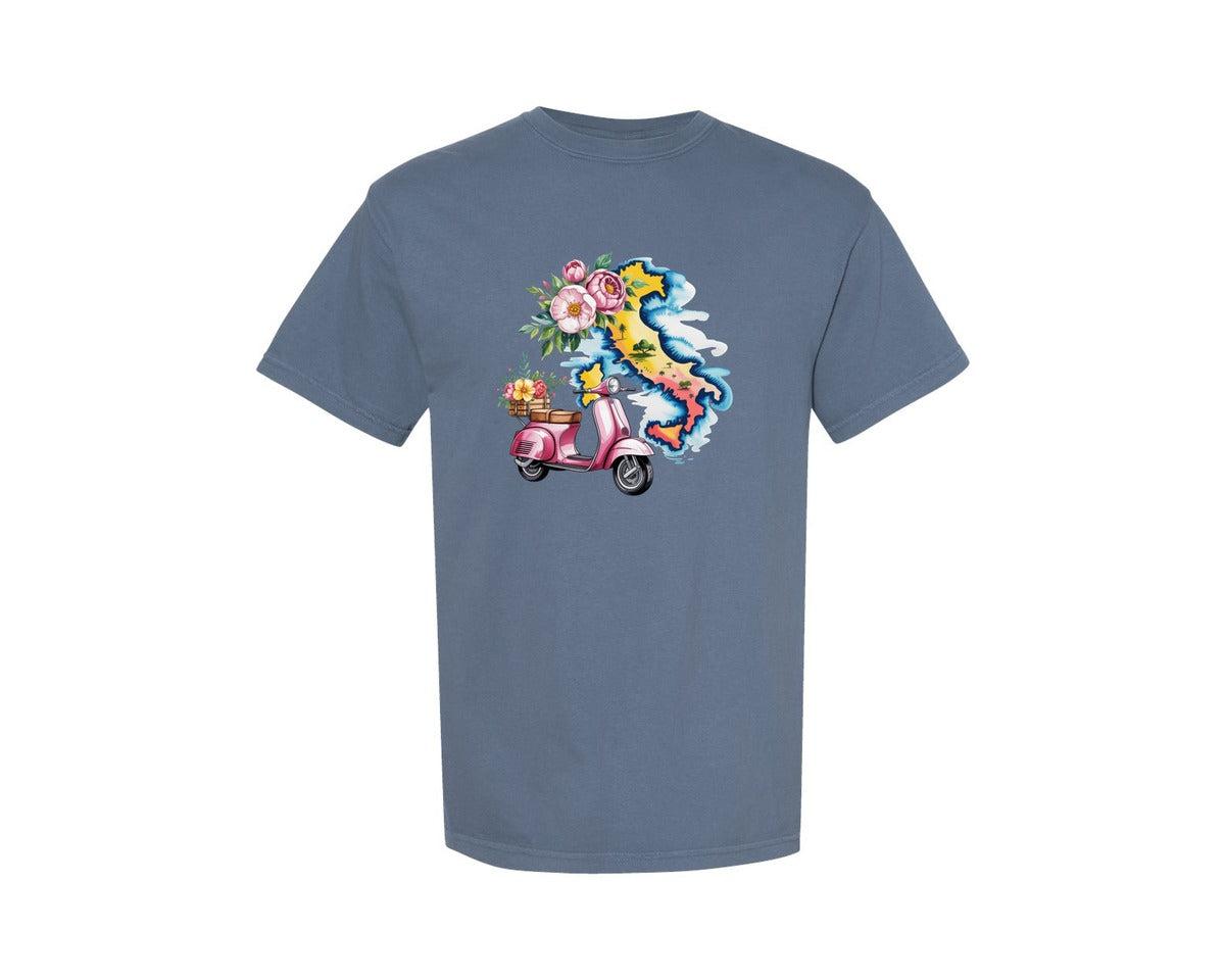 brand:Comfort Colors|color:Blue Jean|Italy Map Flowers Vacation Holiday Graphic T-Shirt
