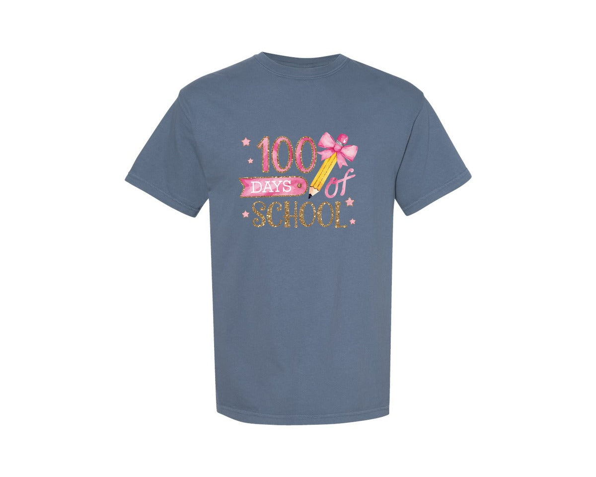 brand:Comfort Colors|color:Blue Jean|100 Days Of School Coquette Pencil 2 Graphic T-Shirt