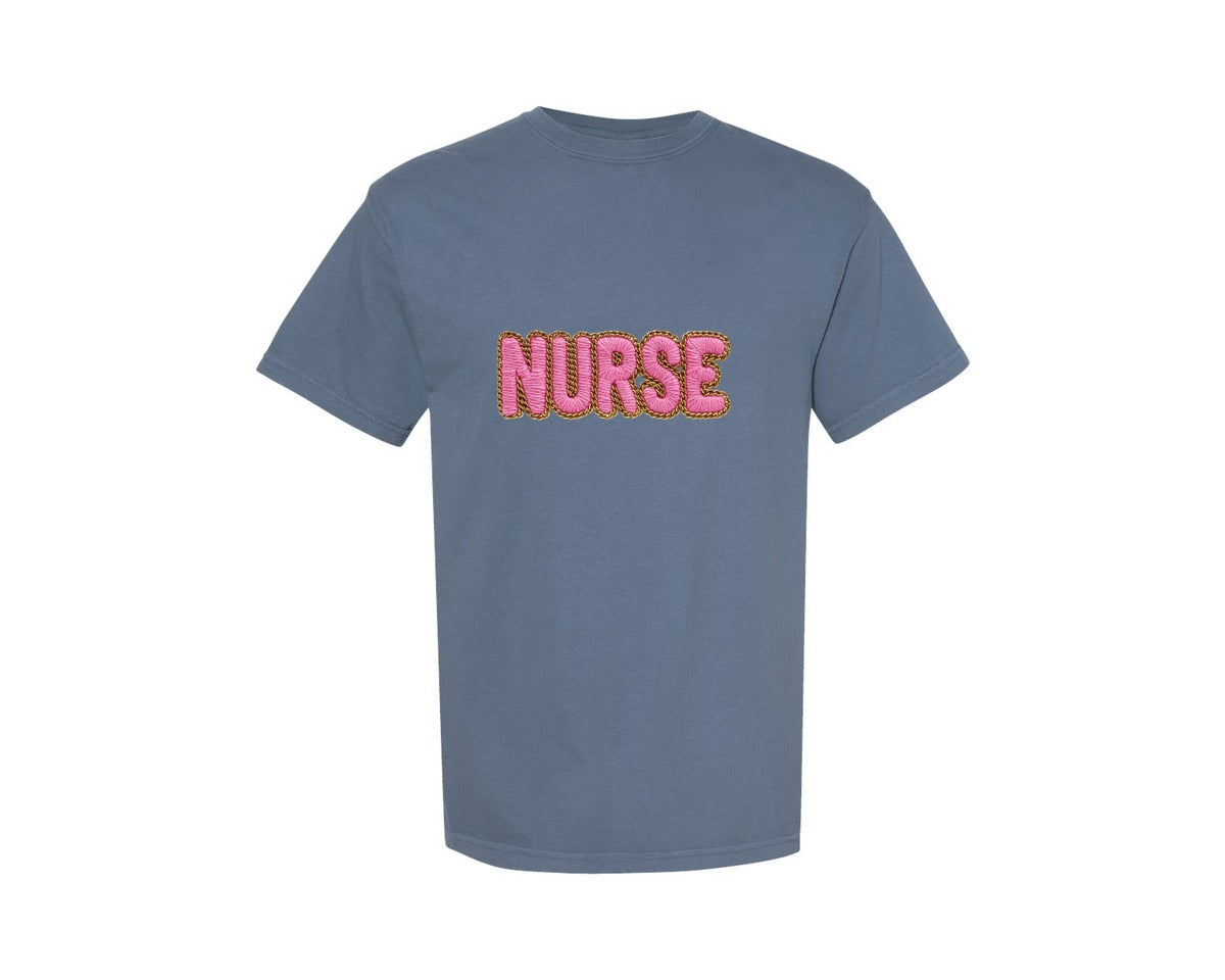 brand:Comfort Colors|color:Blue Jean|Preppy Yarn Crochet Christmas Nurse Graphic T-Shirt
