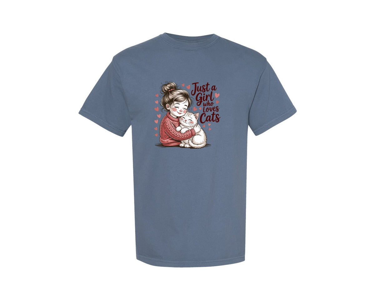 brand:Comfort Colors|color:Blue Jean|Just A Girl Who Loves Cats Cute Cat Graphic T-Shirt