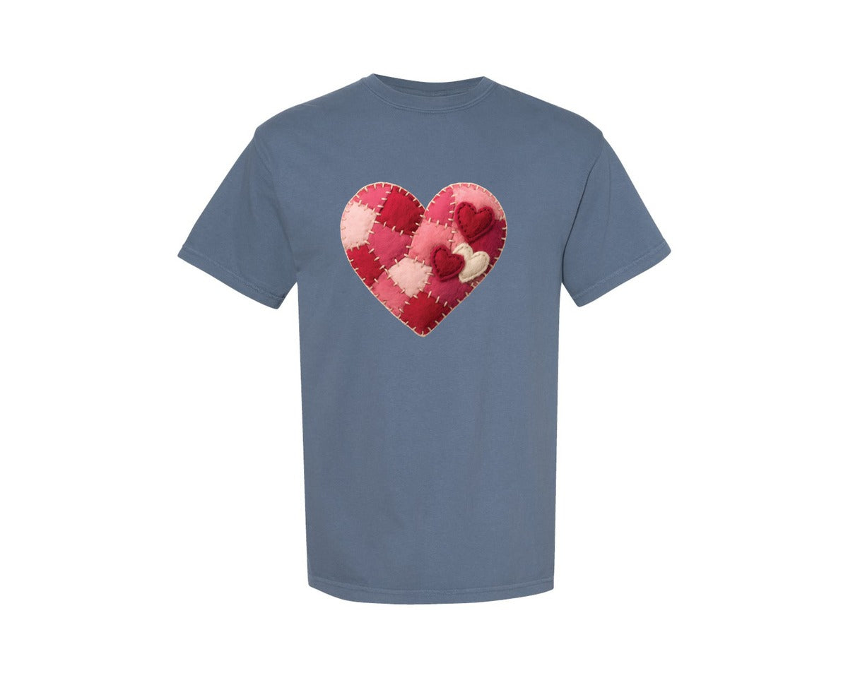 brand:Comfort Colors|color:Blue Jean|Patchwork Valentine Valentines Heart 3 Graphic T-Shirt