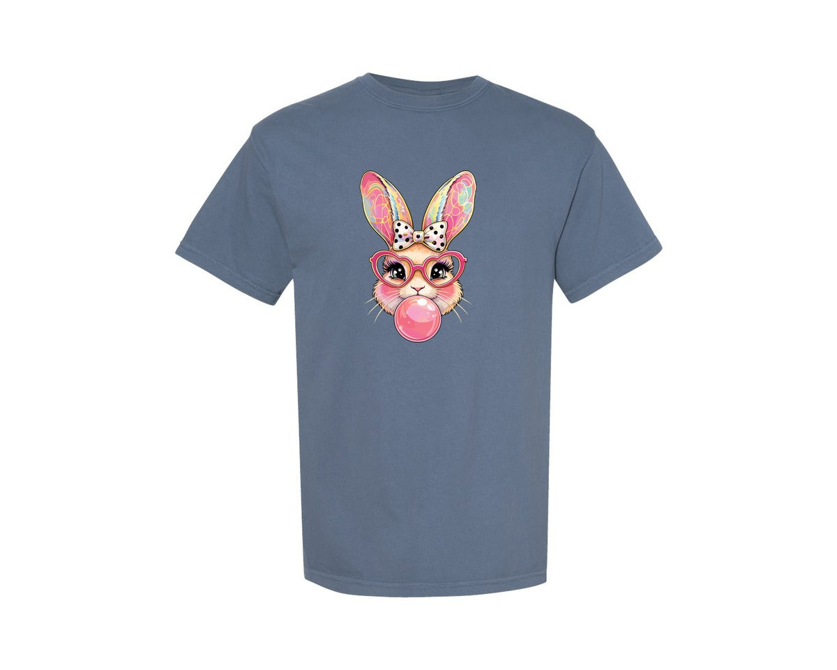 brand:Comfort Colors|color:Blue Jean|Blowing Bubble Gum Easter Bunny Glasses Graphic T-Shirt
