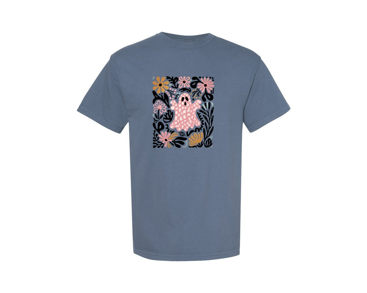 brand:Comfort Colors|color:Blue Jean|Floral Pink Ghost Boho Halloween 2 Graphic T-Shirt