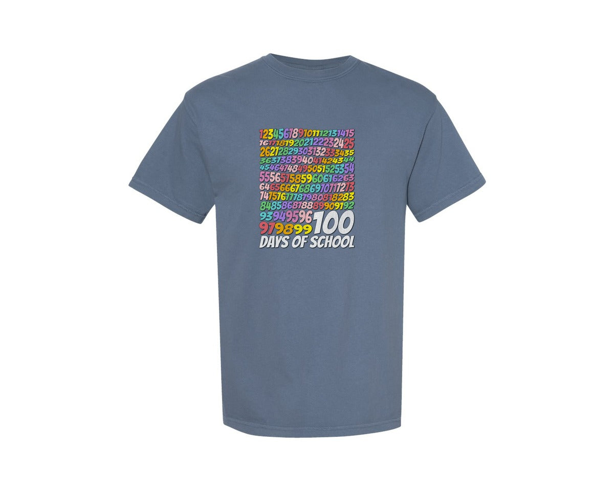 brand:Comfort Colors|color:Blue Jean|100 Days Of School Math Numbers Graphic T-Shirt