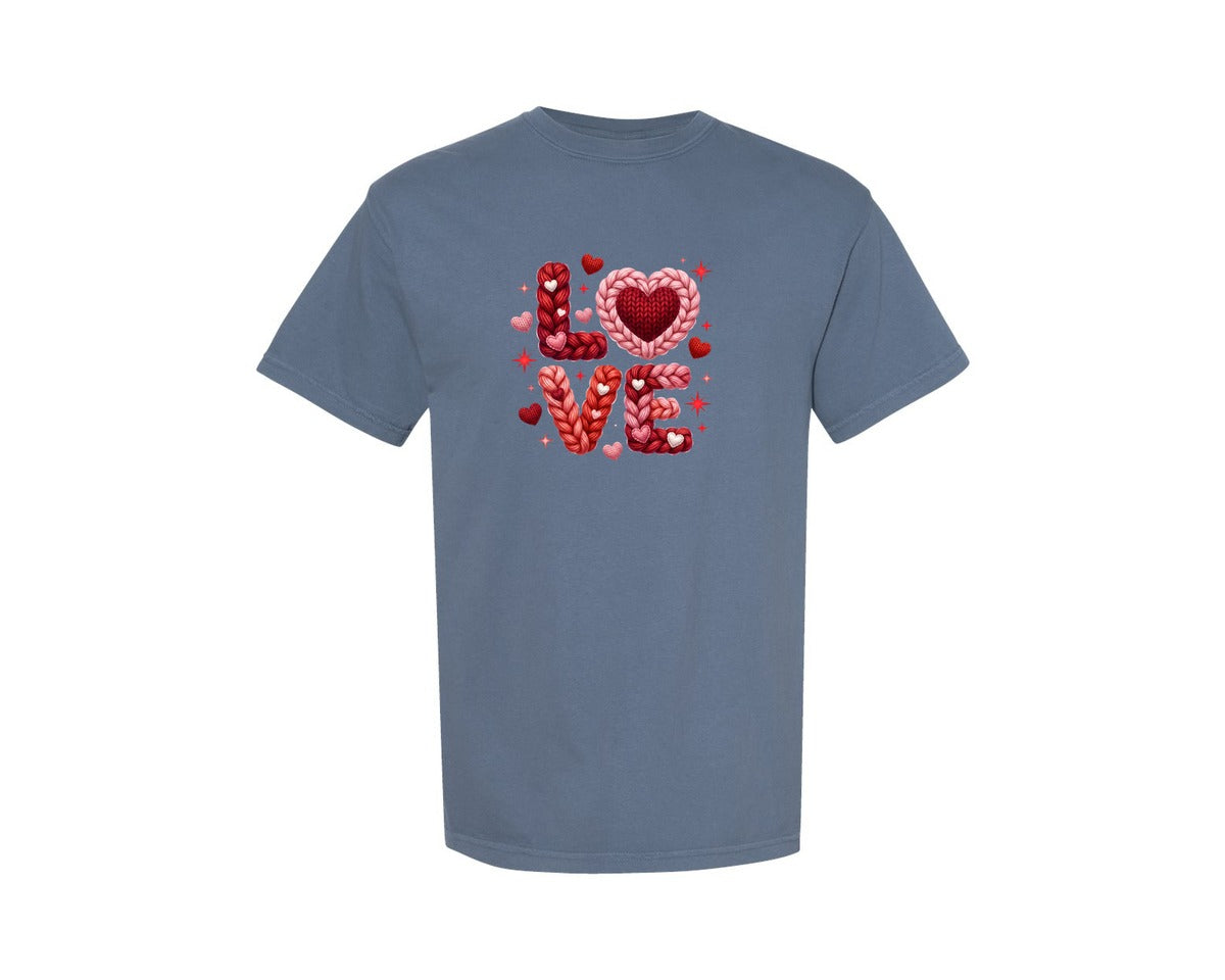brand:Comfort Colors|color:Blue Jean|Faux Yarn Love Valentine 4 Graphic T-Shirt