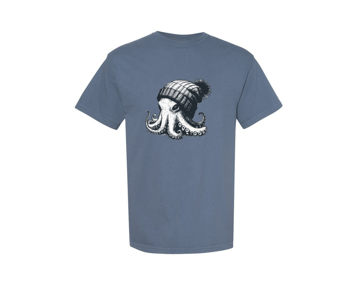 brand:Comfort Colors|color:Blue Jean|Octopus Wearing Beanie Retro Shirt Graphic T-Shirt