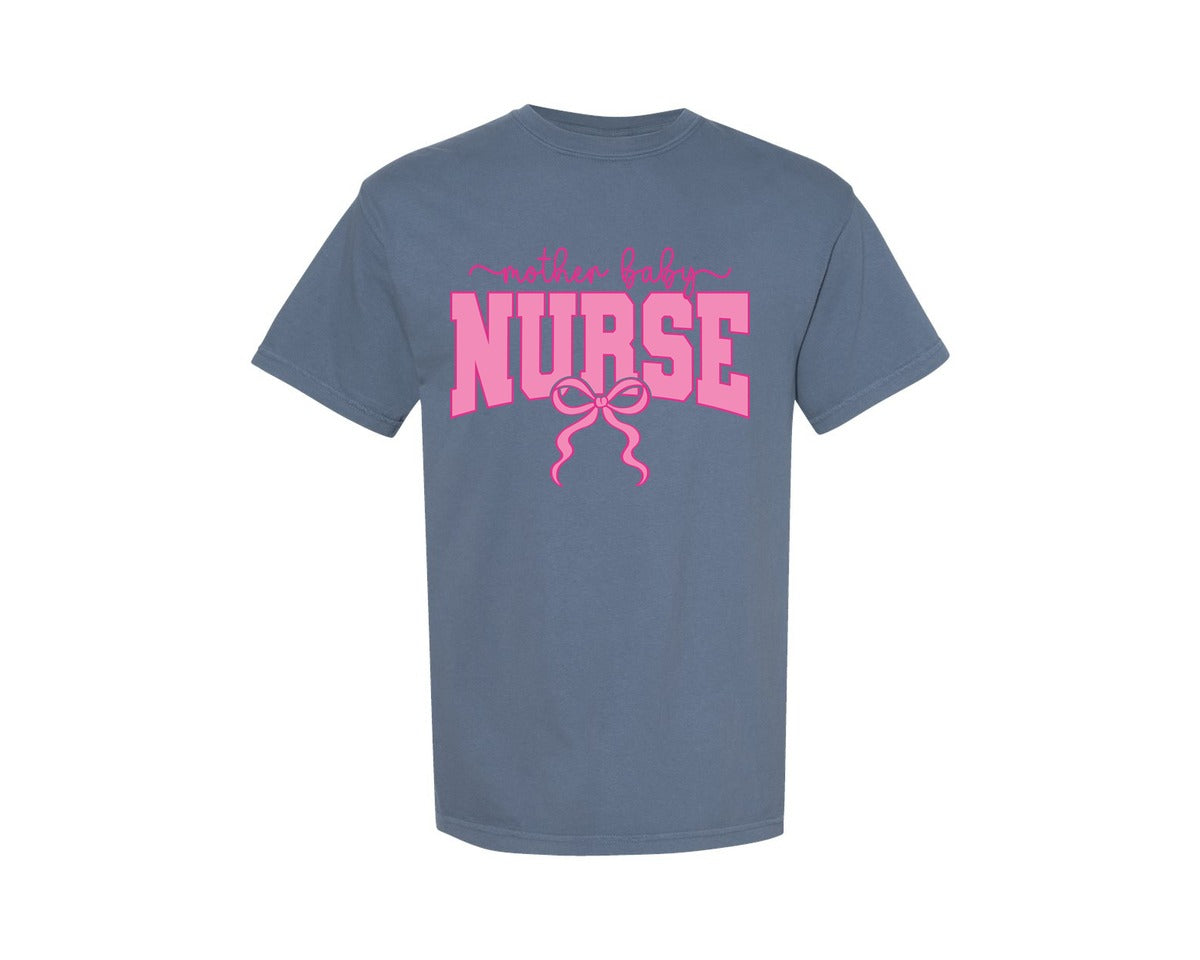 brand:Comfort Colors|color:Blue Jean|Mother Baby Nurse Coquette Nurse Bow Graphic T-Shirt
