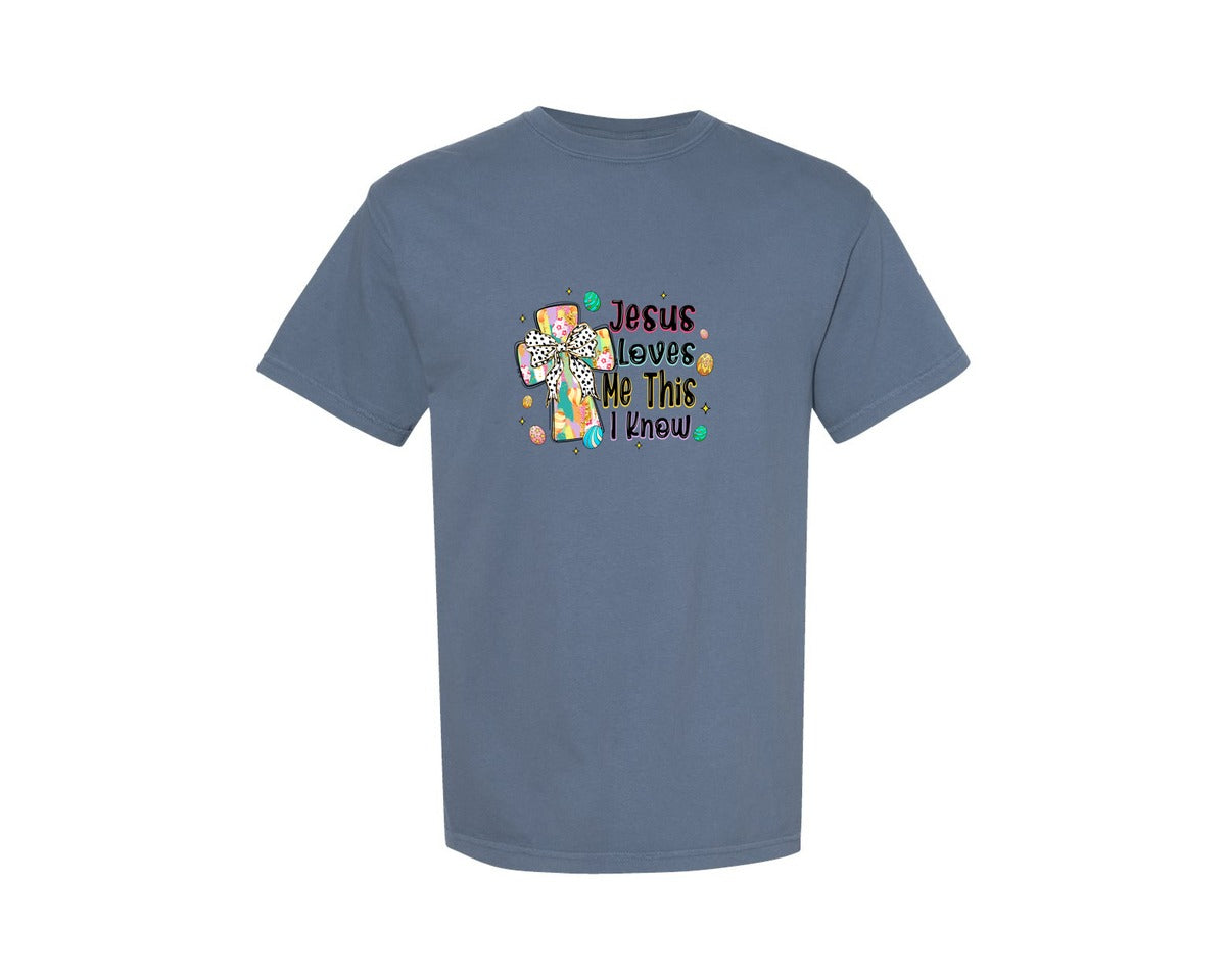 brand:Comfort Colors|color:Blue Jean|Glitter Christian Easter Cross Graphic T-Shirt