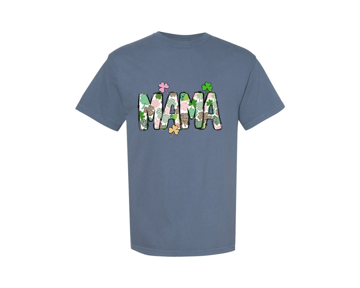 brand:Comfort Colors|color:Blue Jean|Mama Shamrock St Patricks Day Doodle Graphic T-Shirt
