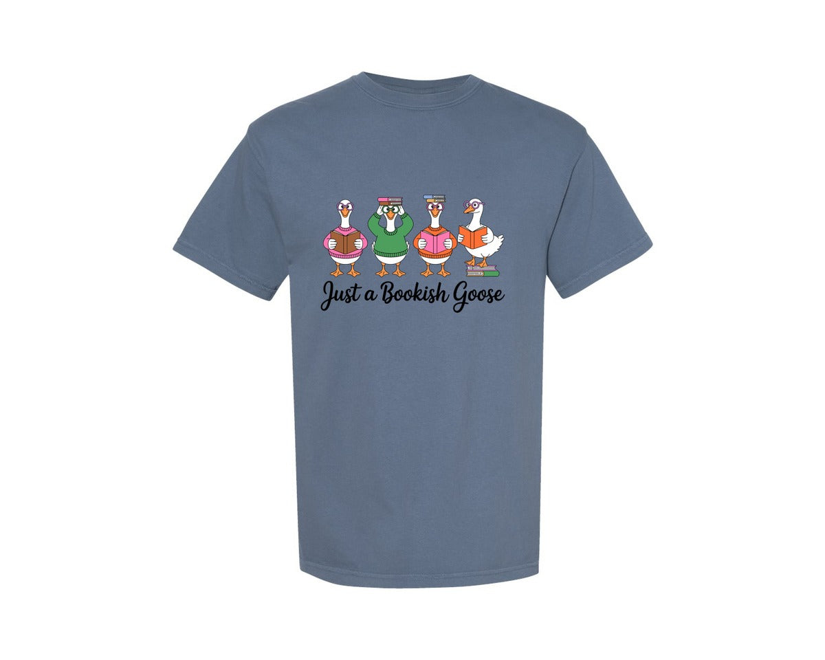 brand:Comfort Colors|color:Blue Jean|Just A Bookish Goose Book Lover Graphic T-Shirt