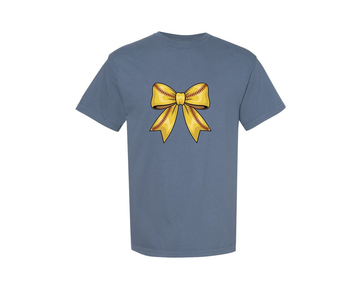 brand:Comfort Colors|color:Blue Jean|Coquette Softball Softball Bow Graphic T-Shirt