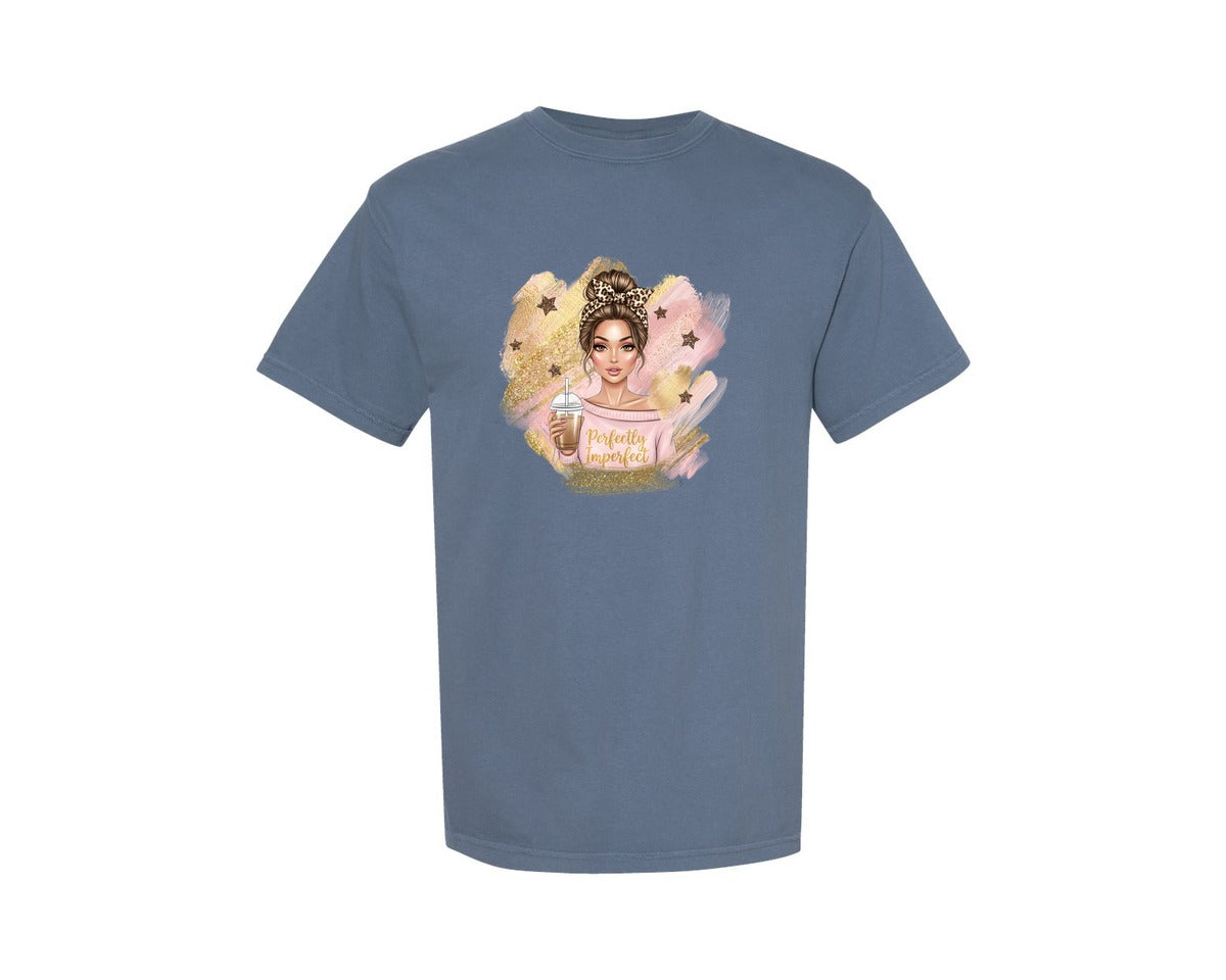 brand:Comfort Colors|color:Blue Jean|Perfectly Imperfect Pink Gold Glitter Graphic T-Shirt