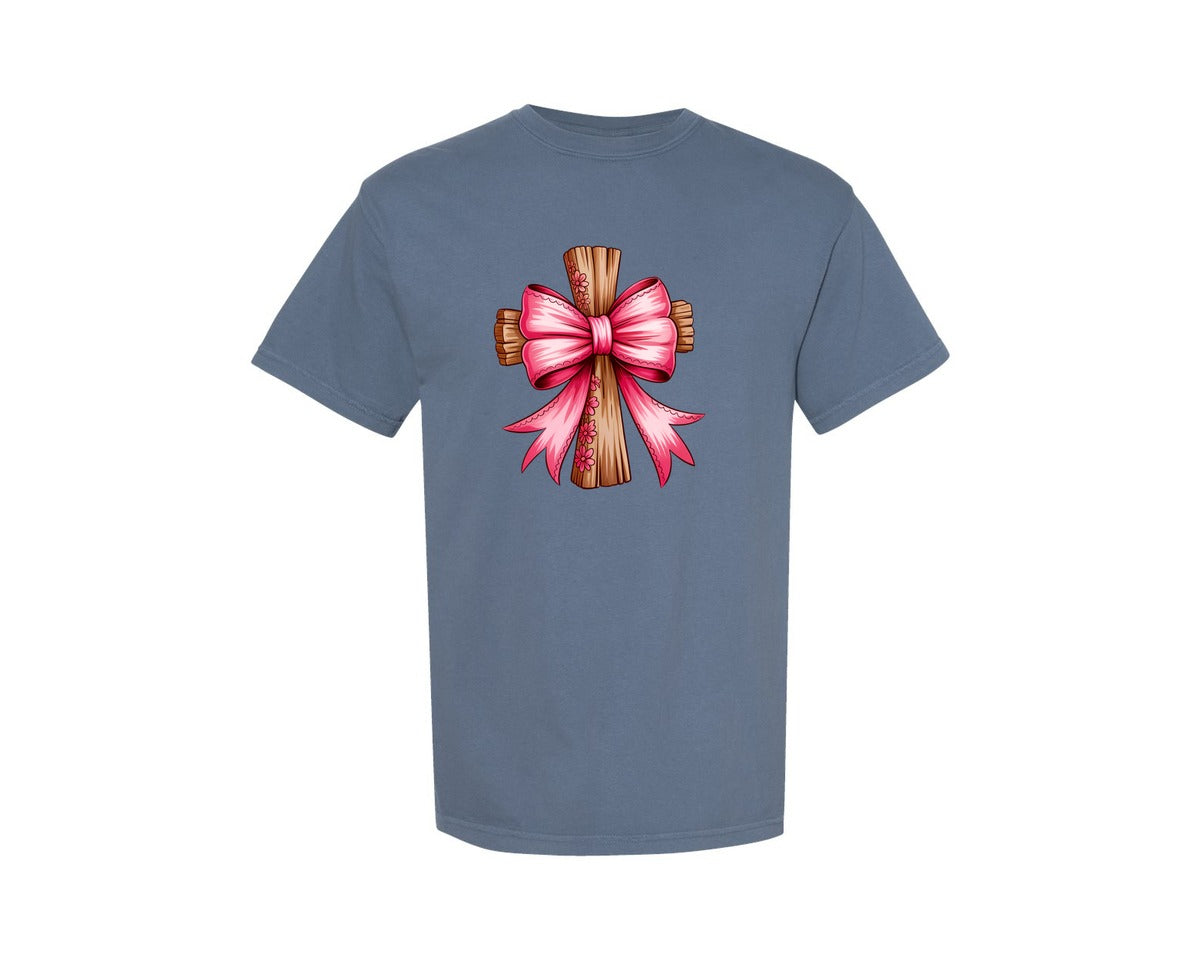 brand:Comfort Colors|color:Blue Jean|Cross With Pink Bow Christian Graphic T-Shirt