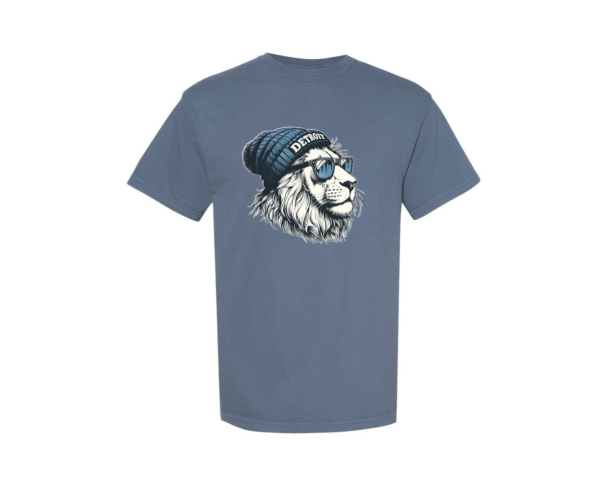 brand:Comfort Colors|color:Blue Jean|Detroit Lions Wearing Beanie Shirt Graphic T-Shirt