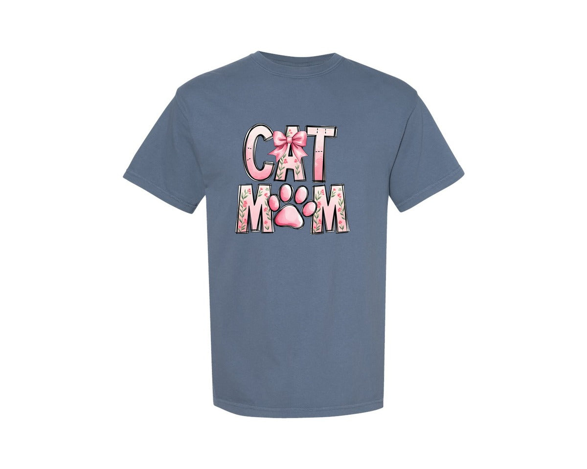 brand:Comfort Colors|color:Blue Jean|Cute Watercolor Floral Cat Mom Graphic T-Shirt