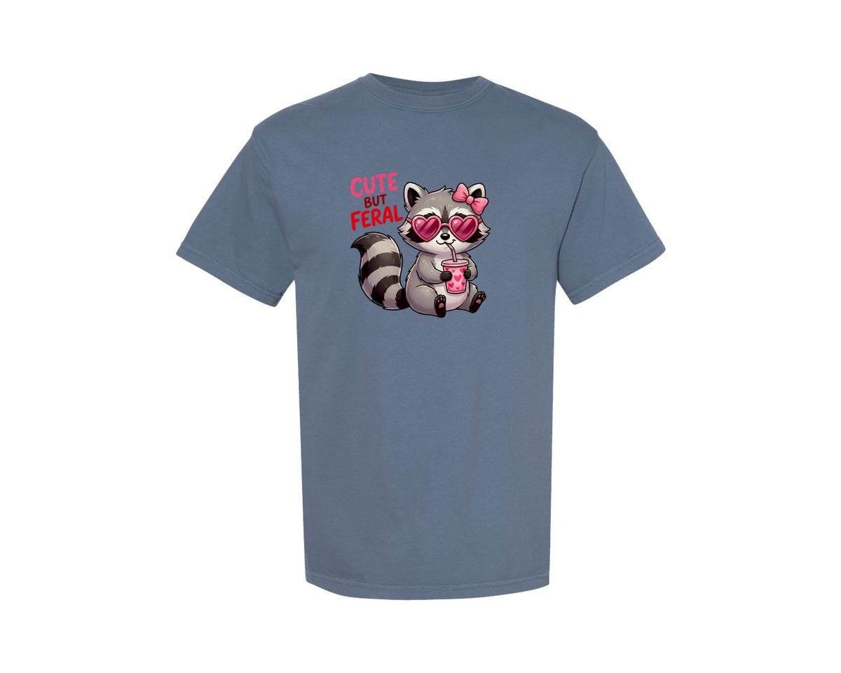 brand:Comfort Colors|color:Blue Jean|Cute But Feral Raccoon Valentine Graphic T-Shirt