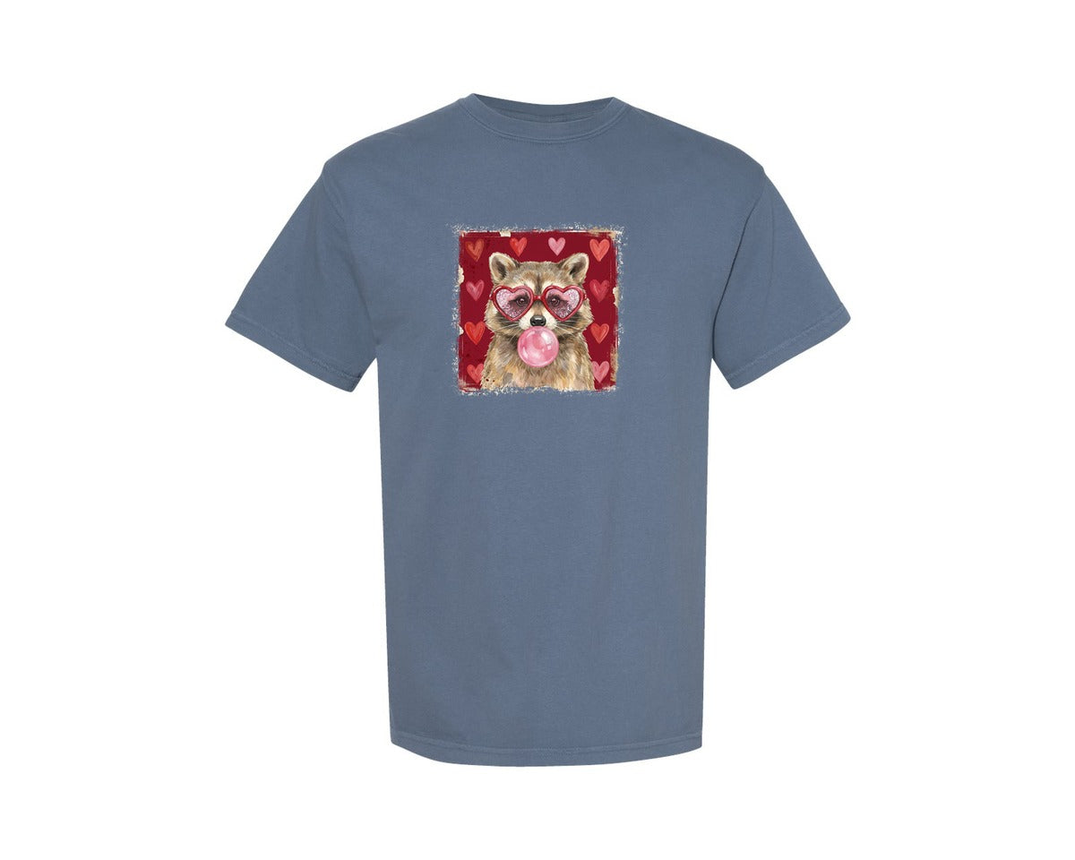 brand:Comfort Colors|color:Blue Jean|Cute Raccoon Bubblegum Valentine Graphic T-Shirt
