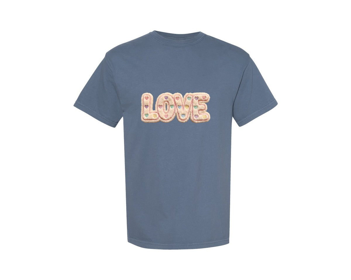 brand:Comfort Colors|color:Blue Jean|Retro Love Faux Yarn Valentine Graphic T-Shirt