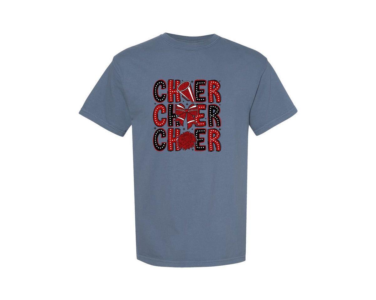 brand:Comfort Colors|color:Blue Jean|Cheer Cheer Cheer Red Black Cheer Graphic T-Shirt