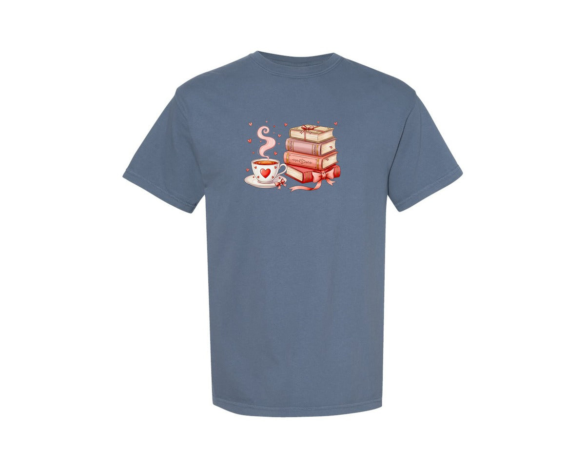 brand:Comfort Colors|color:Blue Jean|Valentine Books And Coffee Cup Graphic T-Shirt