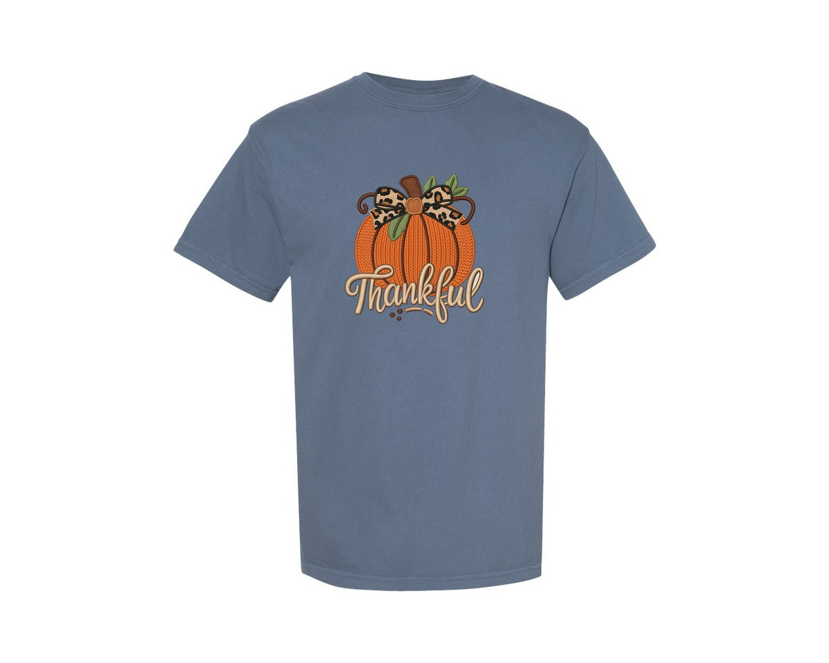 brand:Comfort Colors|color:Blue Jean|Preppy Faux Yarn Pumpkin Thanksgiving Graphic T-Shirt