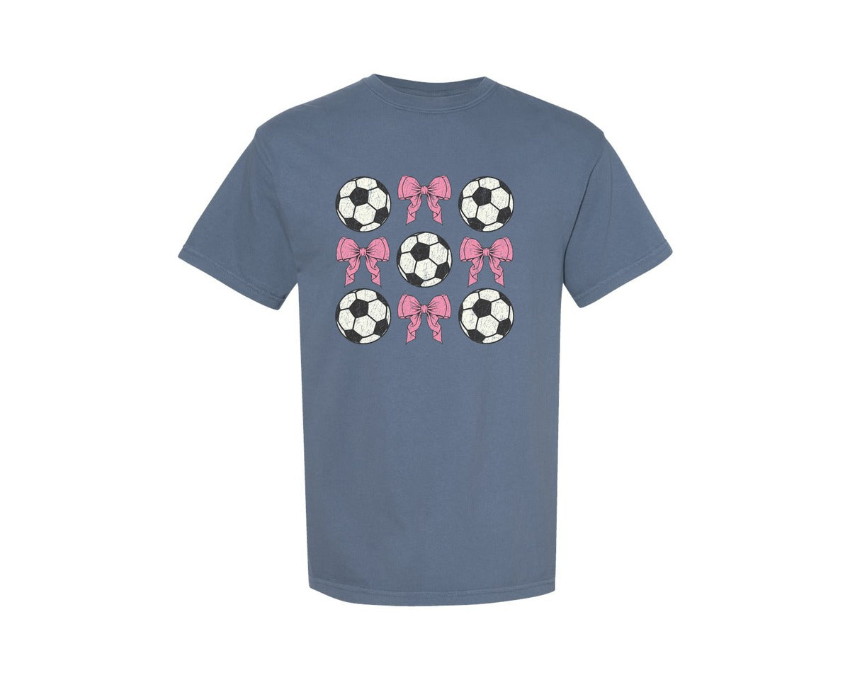 brand:Comfort Colors|color:Blue Jean|Coquette Soccer Distressed Pink Bow Graphic T-Shirt