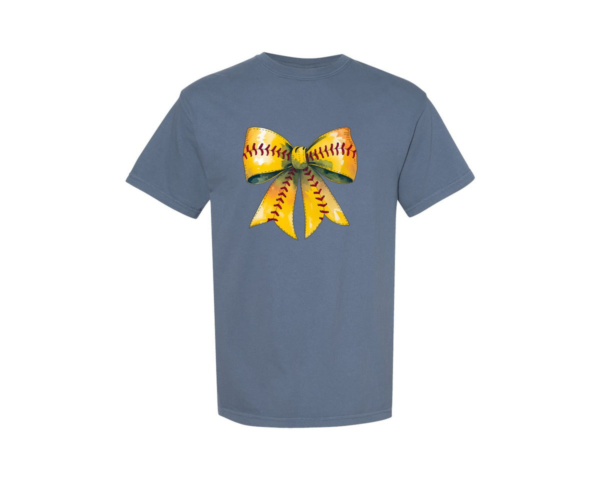 brand:Comfort Colors|color:Blue Jean|Retro Softball Bow Mama Mom Design Graphic T-Shirt