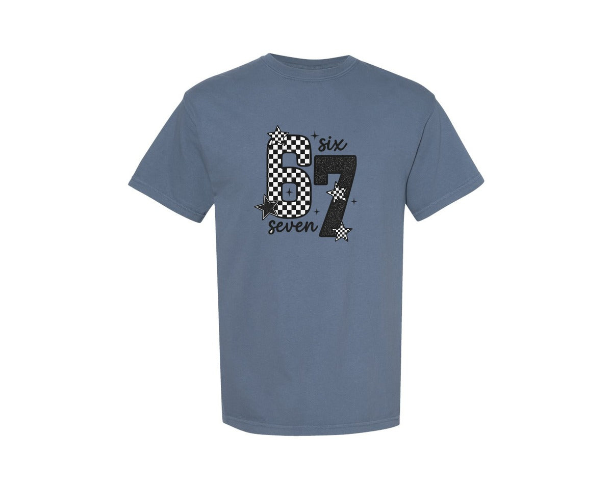 brand:Comfort Colors|color:Blue Jean|Six Seven 67 Checkered Stars Graphic T-Shirt
