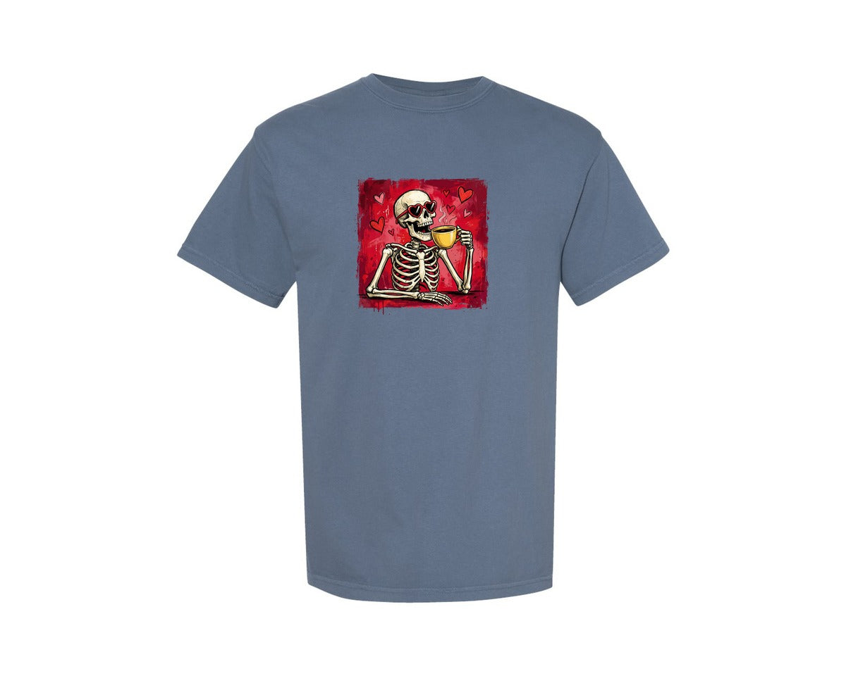 brand:Comfort Colors|color:Blue Jean|Funny Skeleton Coffee Valentine Graphic T-Shirt
