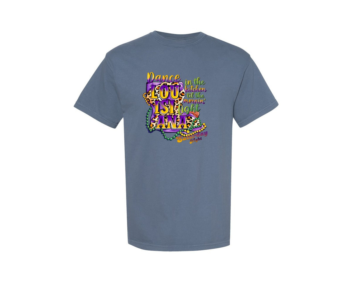 brand:Comfort Colors|color:Blue Jean|Mardi Gras Louisiana Map Graphic T-Shirt