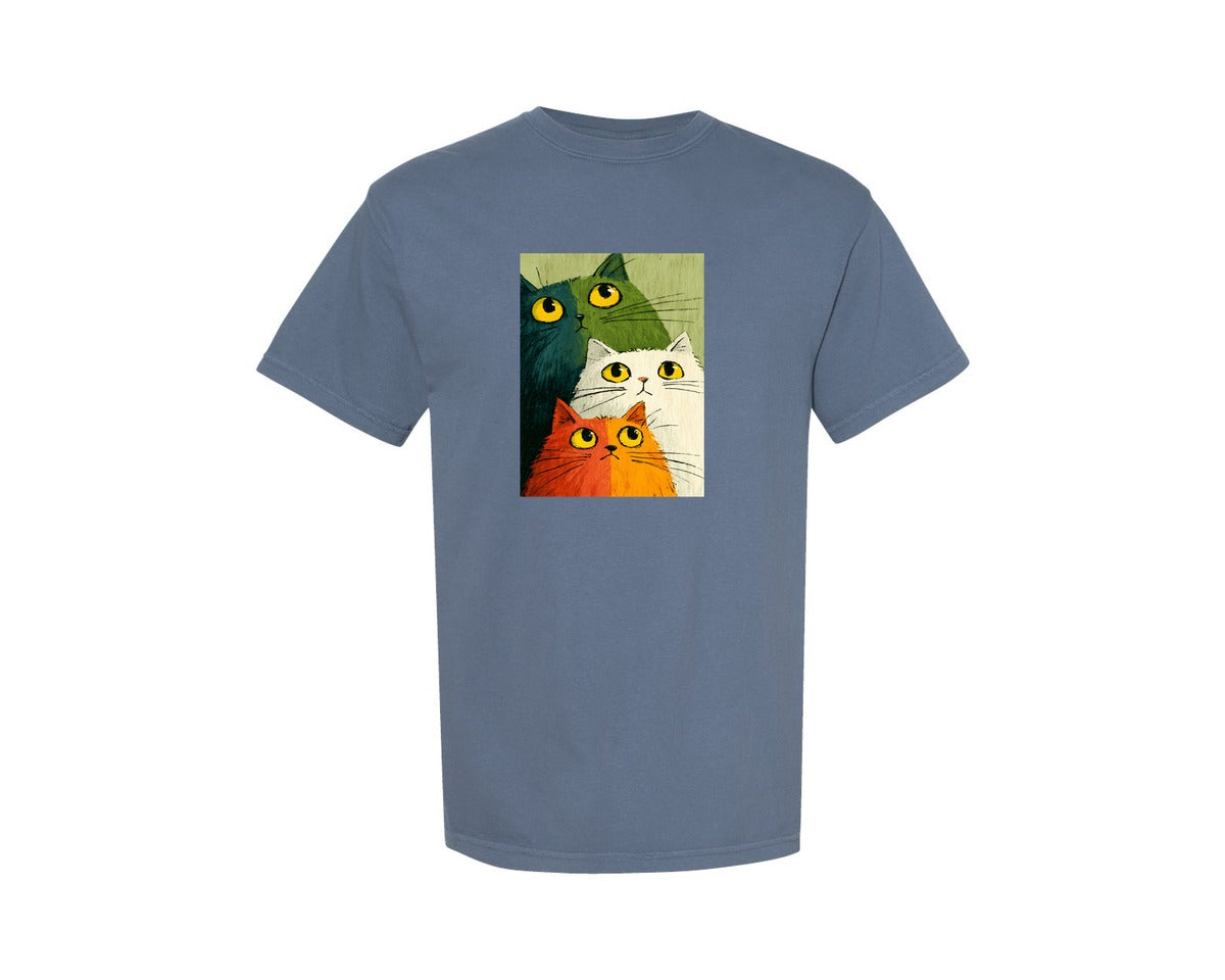 brand:Comfort Colors|color:Blue Jean|Stacked Cats Colorful Cat Art Graphic T-Shirt