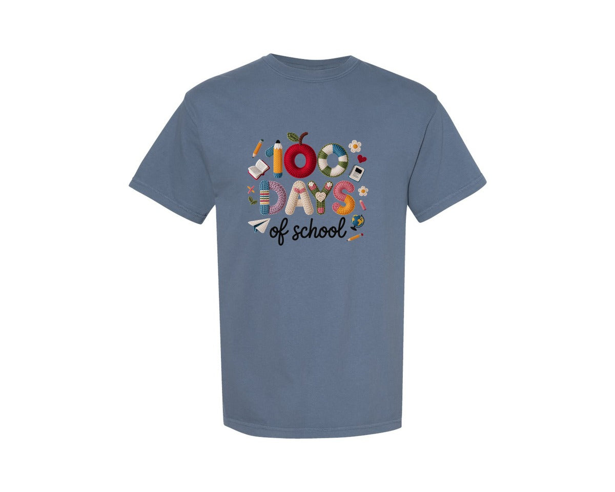 brand:Comfort Colors|color:Blue Jean|Faux Yarn 100 Days Of School Doodle Graphic T-Shirt