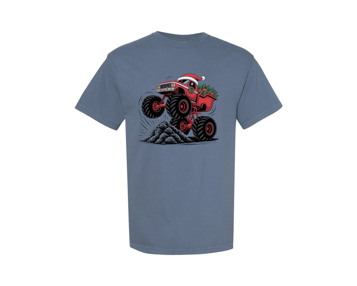 brand:Comfort Colors|color:Blue Jean|Santa Monster Truck Christmas Ride Graphic T-Shirt