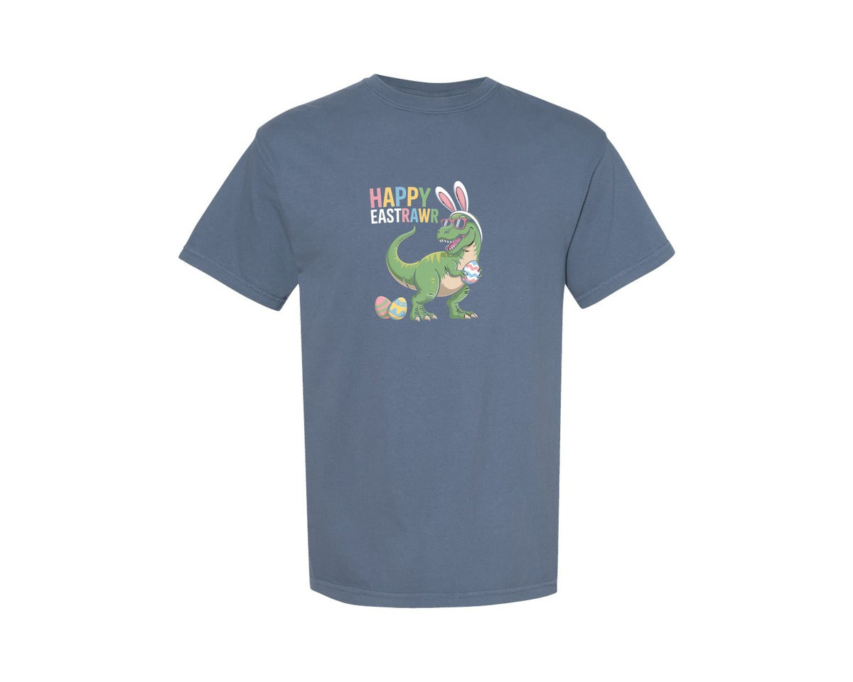 brand:Comfort Colors|color:Blue Jean|Happy Eastrawar Funny Easter T Rex Graphic T-Shirt