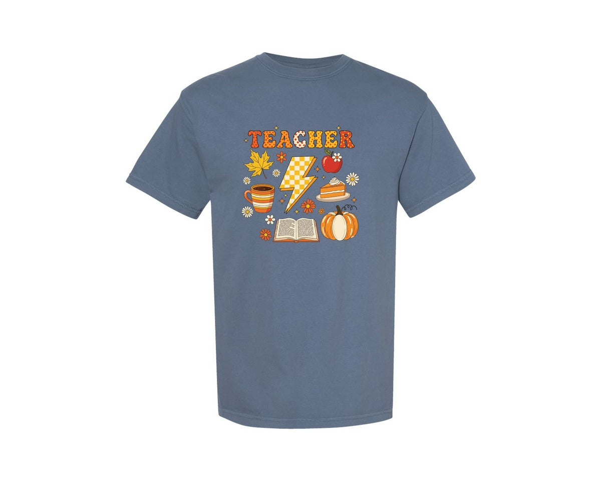 brand:Comfort Colors|color:Blue Jean|Fall Teacher Retro Fall Graphic T-Shirt