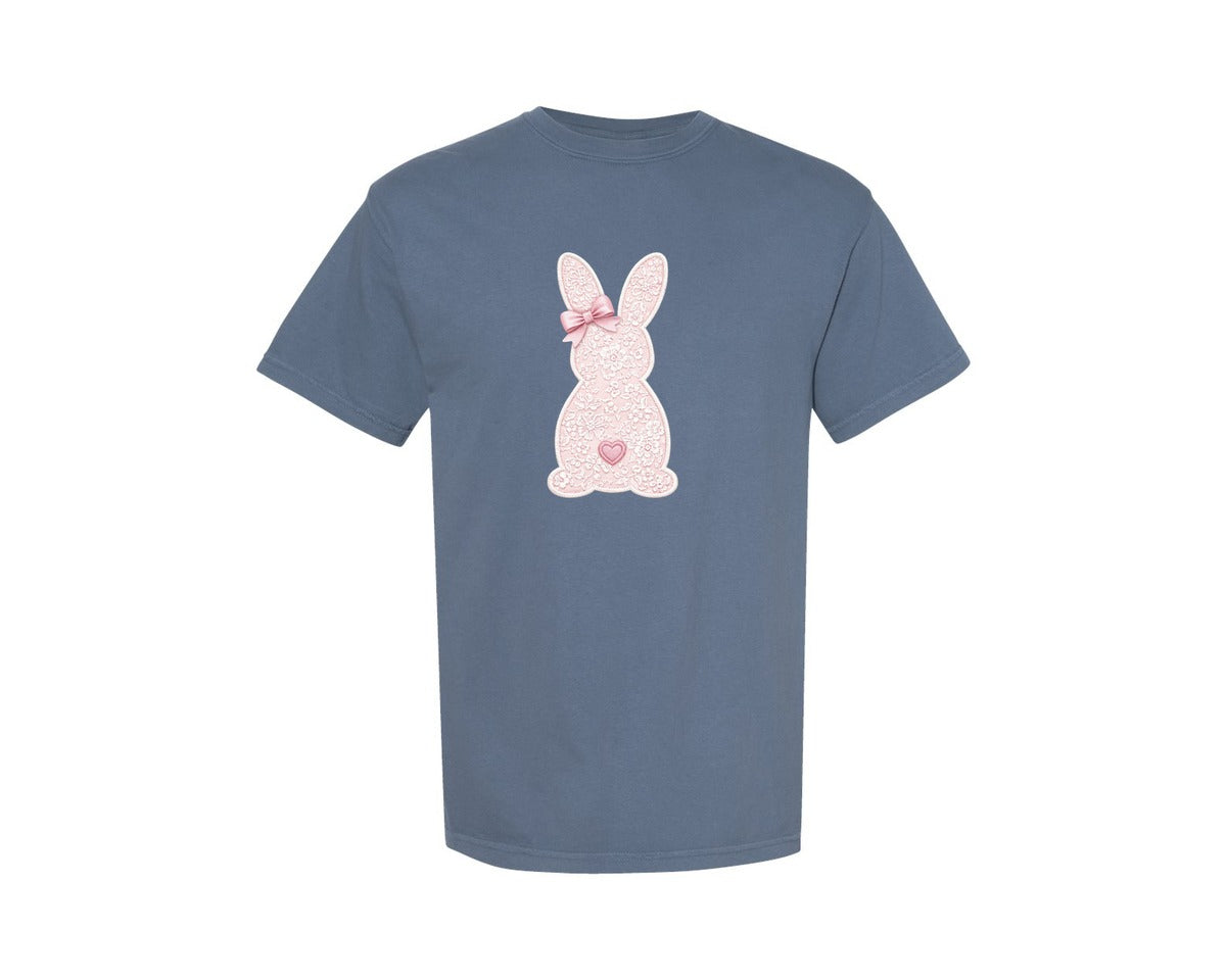 brand:Comfort Colors|color:Blue Jean|White Lace Bunny Coquette Bow Graphic T-Shirt