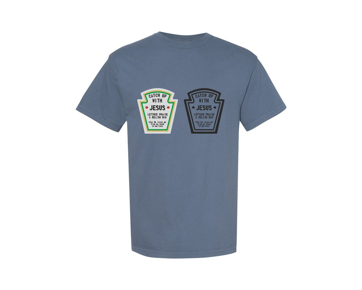 brand:Comfort Colors|color:Blue Jean|Catch Up With Jesus Funny Christian Graphic T-Shirt