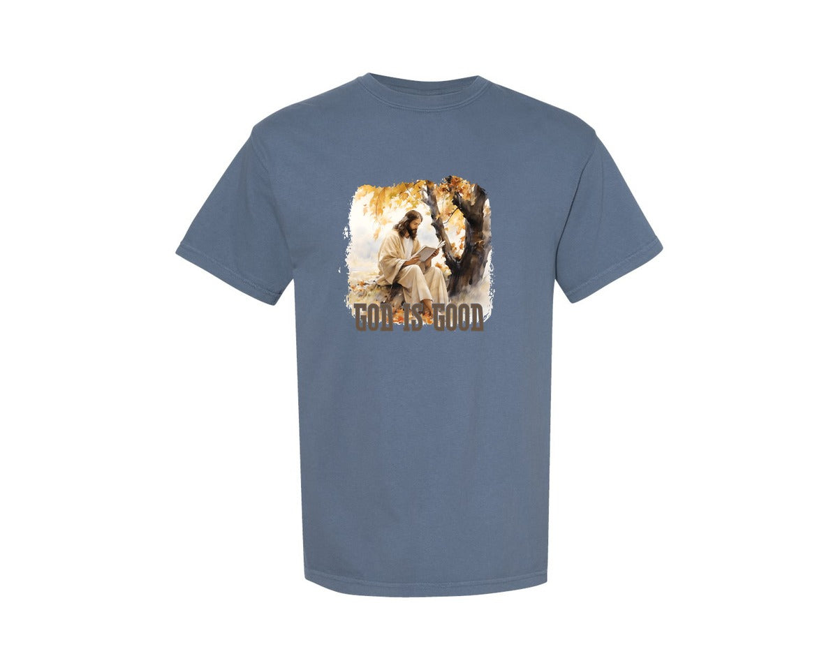 brand:Comfort Colors|color:Blue Jean|Retro Fall Autumn Leaf Jesus Graphic T-Shirt