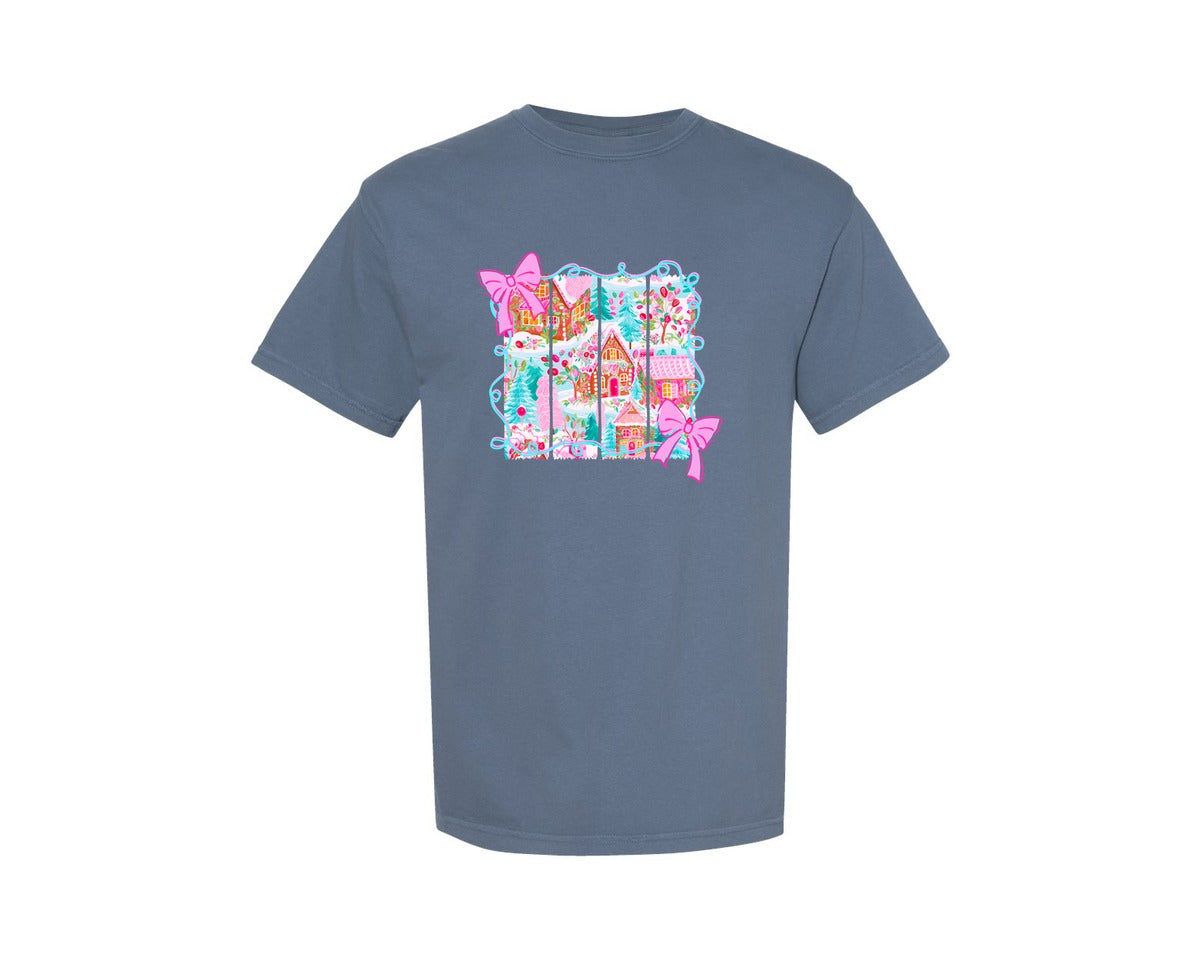 brand:Comfort Colors|color:Blue Jean|Preppy Gingerbread Houses Brushstroke Graphic T-Shirt