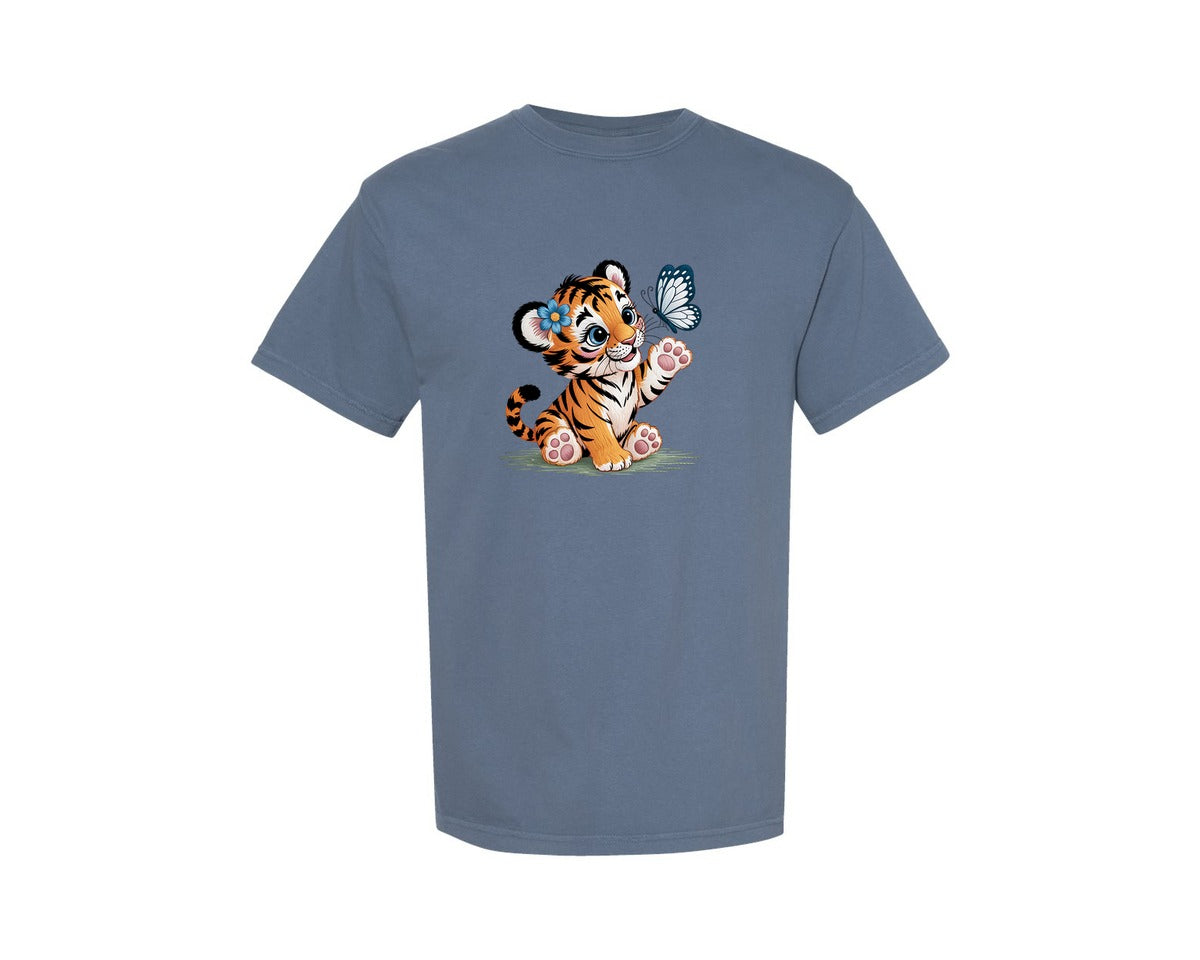 brand:Comfort Colors|color:Blue Jean|Cute Tiger Cub With Butterfly Graphic T-Shirt