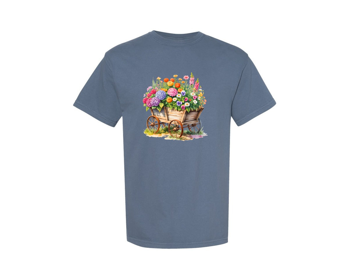 brand:Comfort Colors|color:Blue Jean|Rustic Flower Cart Wagon Blooming Graphic T-Shirt