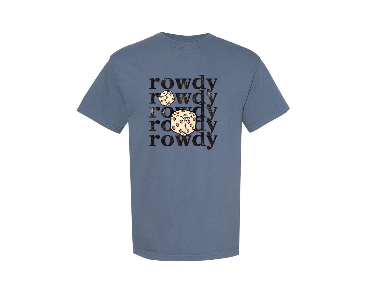 brand:Comfort Colors|color:Blue Jean|Rowdy Dice Pink Checkered Western Graphic T-Shirt