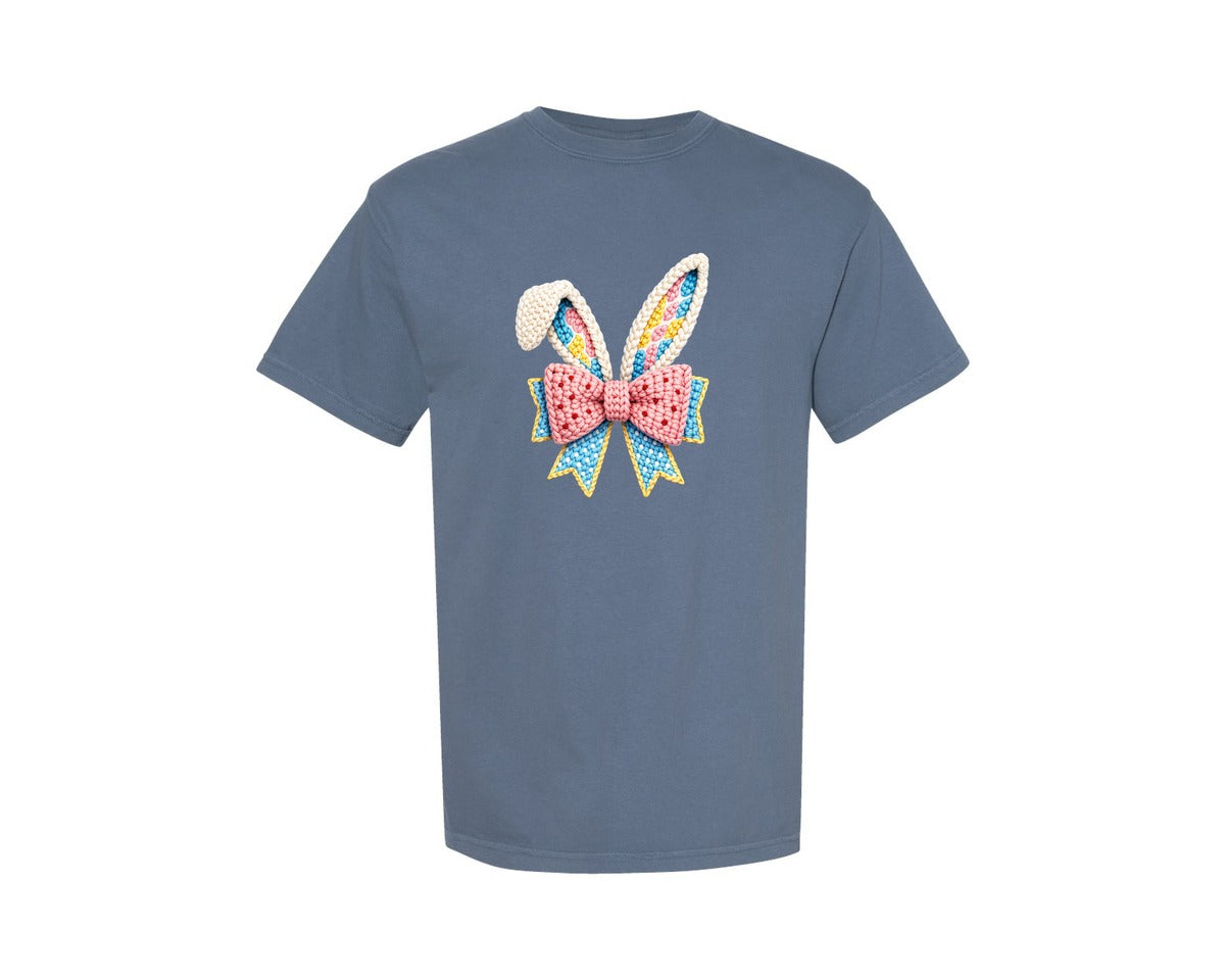 brand:Comfort Colors|color:Blue Jean|Faux Crochet Easter Bunny Coquette Graphic T-Shirt
