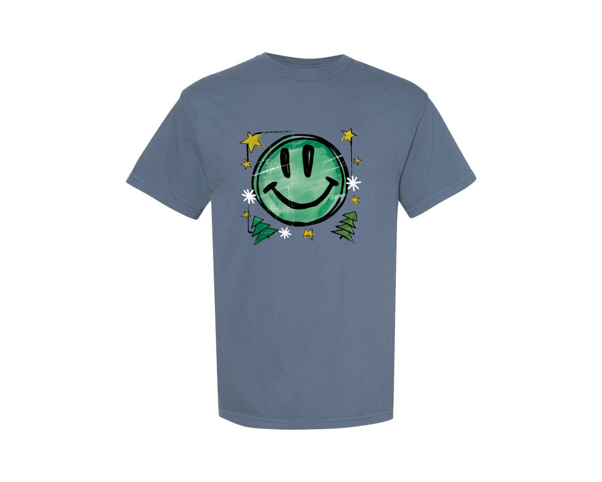 brand:Comfort Colors|color:Blue Jean|Floral Christmas Smiley Face Graphic T-Shirt