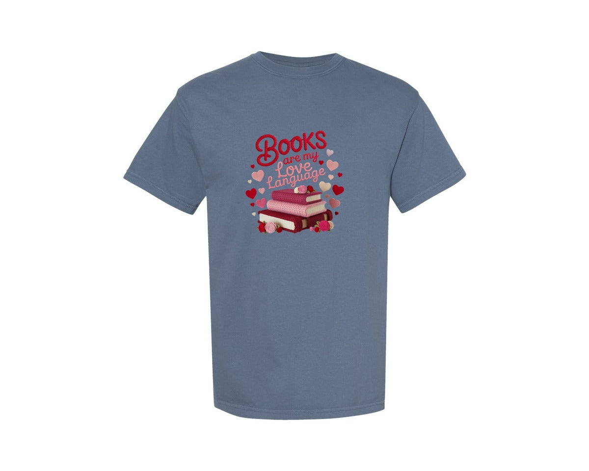 brand:Comfort Colors|color:Blue Jean|Yarn Books Love Language Heart Shirt Graphic T-Shirt