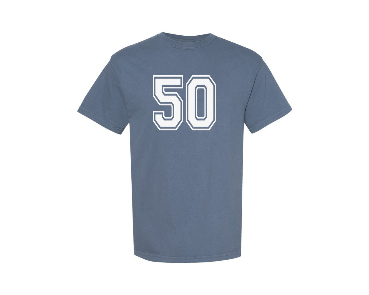 brand:Comfort Colors|color:Blue Jean|Number 50 Birthday Varsity Sports Team Graphic T-Shirt