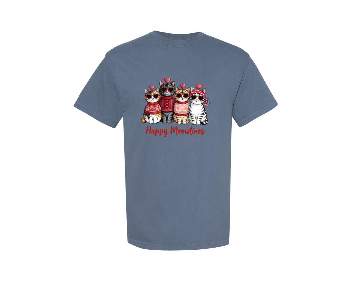 brand:Comfort Colors|color:Blue Jean|Valentines Day Cat Happy Meowtines Graphic T-Shirt