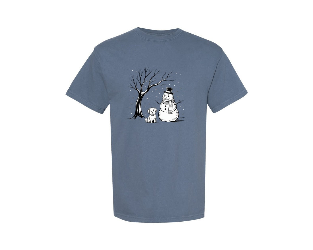 brand:Comfort Colors|color:Blue Jean|Snowman And Dog Winter Scene Graphic T-Shirt